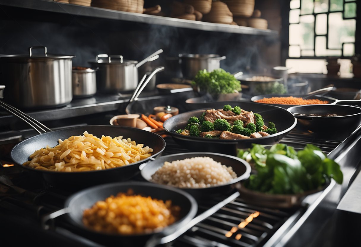 A traditional Chinese kitchen with ingredients and utensils for making pork adobo. A wok sizzles with marinated meat, while aromatic spices fill the air
