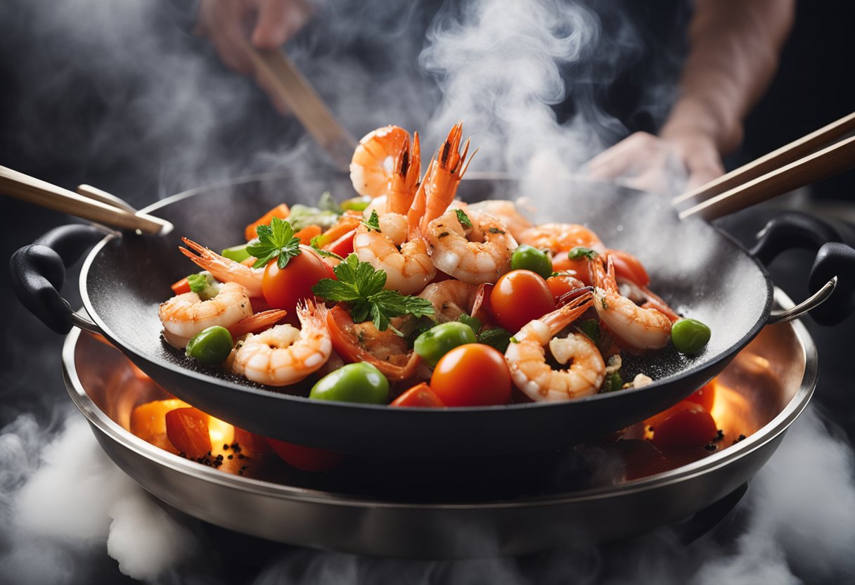 A sizzling wok tosses plump prawns, vibrant red tomatoes, and aromatic Chinese spices in a cloud of steam