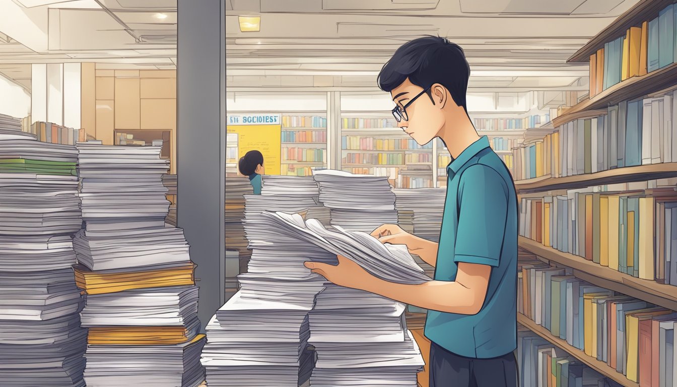 A student browsing through a stack of secondary school exam papers at a bookstore in Singapore