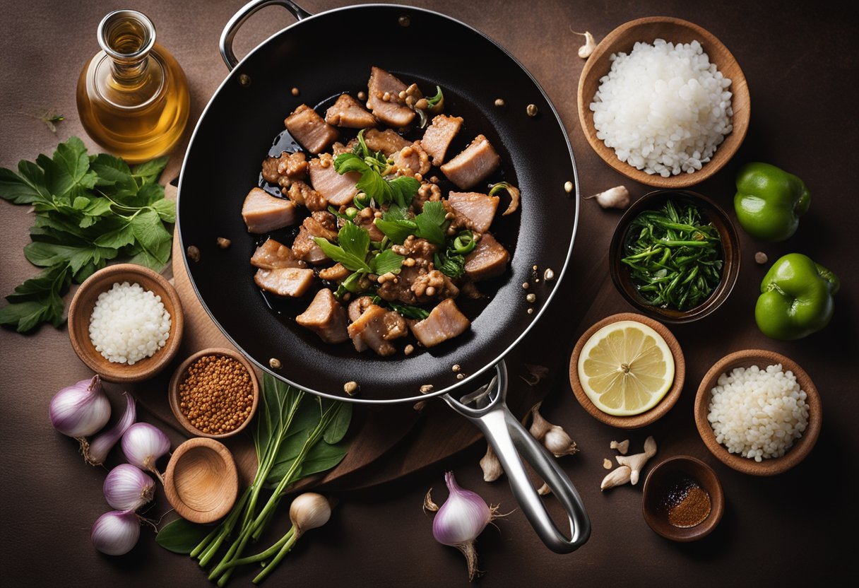 A wok sizzling with marinated pork, soy sauce, vinegar, garlic, and bay leaves. Bowls of ginger, onions, and sugar nearby