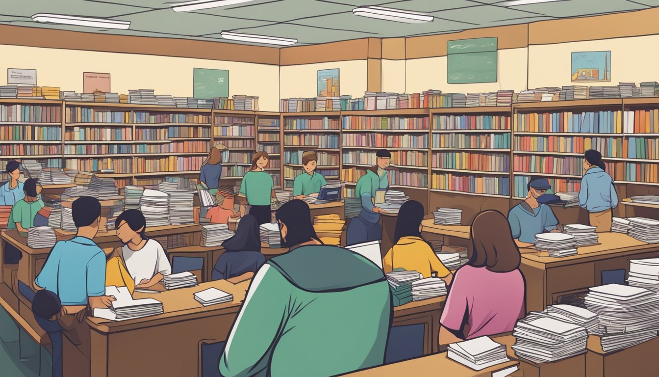 A crowded bookstore with shelves of exam papers, students browsing, and a sales clerk assisting customers