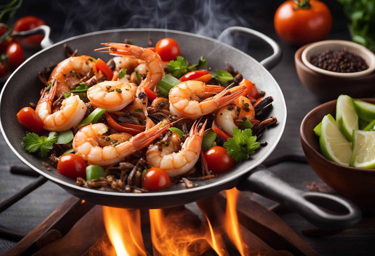 A sizzling wok with plump prawns, vibrant red tomatoes, and aromatic Chinese spices