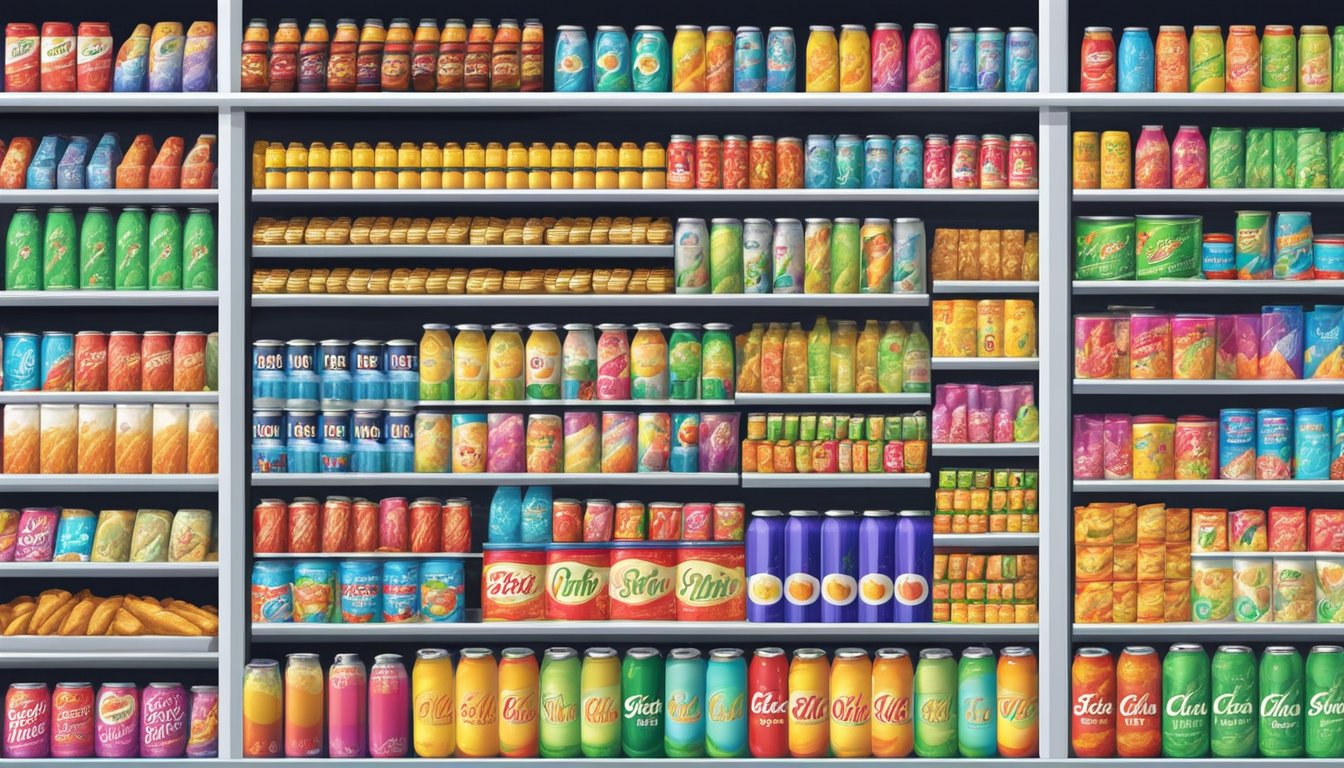 A brightly lit convenience store shelf displays rows of colorful Strong Zero cans in Singapore