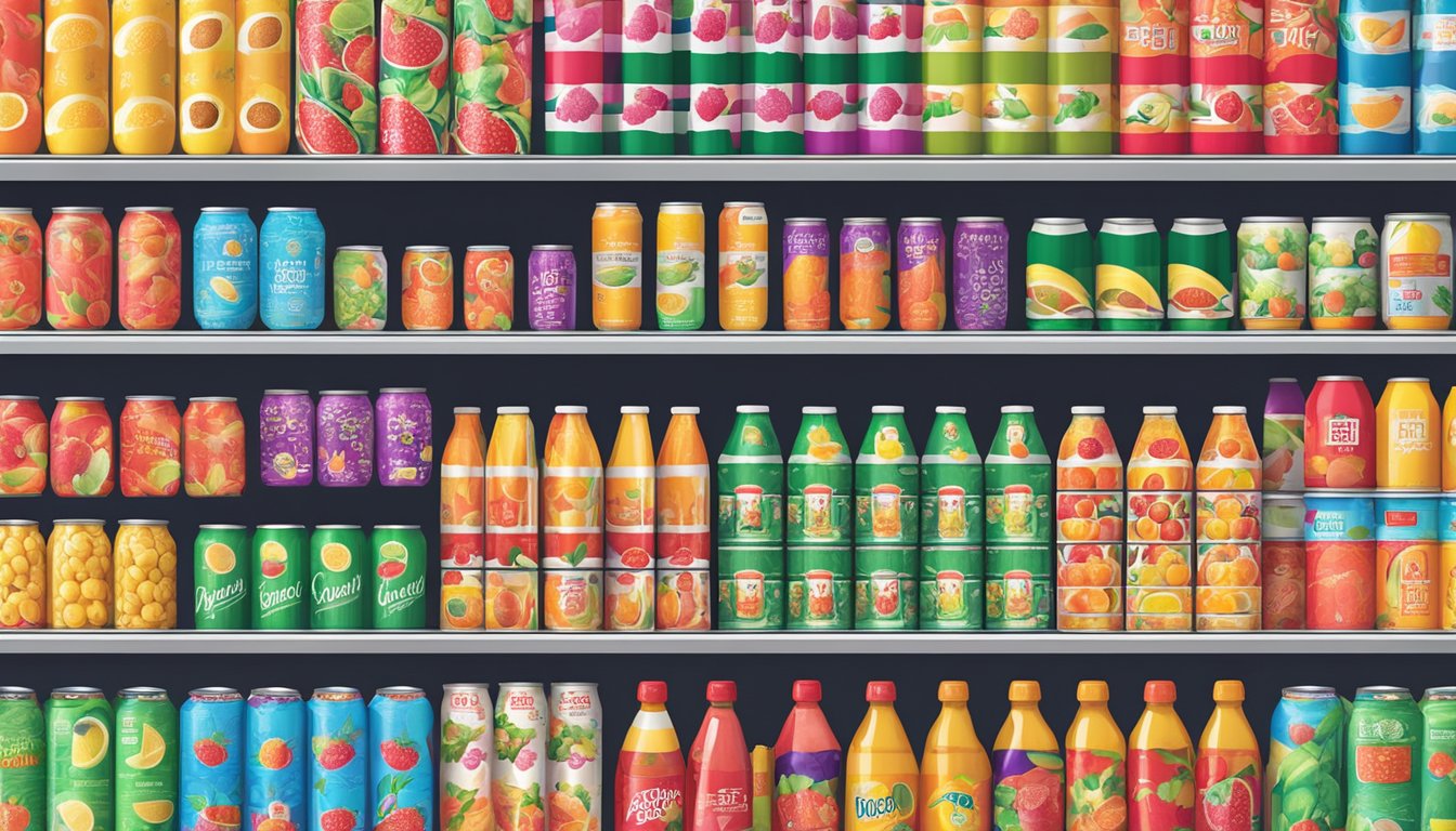 A bright, bustling convenience store display in Singapore showcases rows of colorful Strong Zero cans, with bold Japanese lettering and vibrant fruit imagery