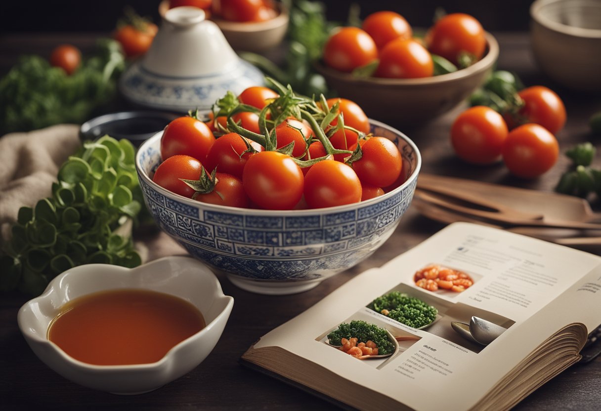 A bowl of fresh tomatoes, a plate of succulent prawns, and a recipe book open to a page on Chinese cuisine