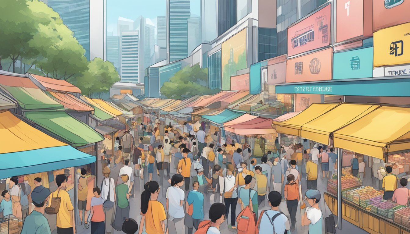 A bustling Singapore market with TRX signage, crowded stalls, and people exchanging currency for TRX tokens