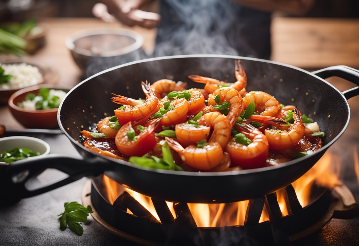Tomato prawns sizzle in a wok over high heat. A chef tosses them with garlic, ginger, and soy sauce, creating a savory aroma