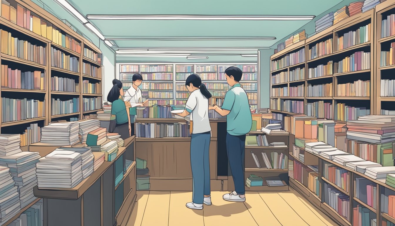 A bustling bookstore in Singapore, with shelves stocked with secondary school exam papers. Customers browse through the selection, while a clerk assists others at the counter