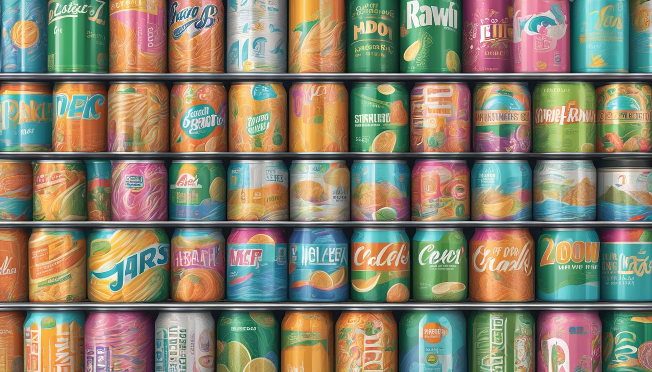 A crowded convenience store shelf displays rows of Strong Zero cans, with vibrant packaging and bold lettering, in Singapore