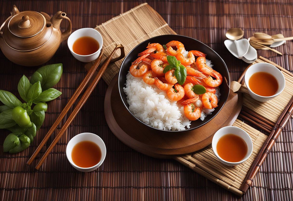 A platter of tomato prawns with chopsticks and a bowl of rice on a bamboo mat, with a teapot and cups in the background