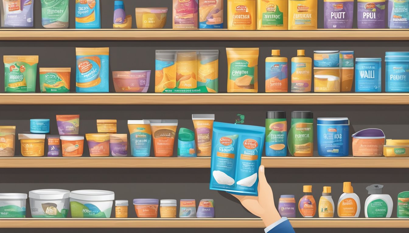 A hand reaching for various wall putty products on a store shelf, with labels indicating different types and uses. Singaporean store signage in the background
