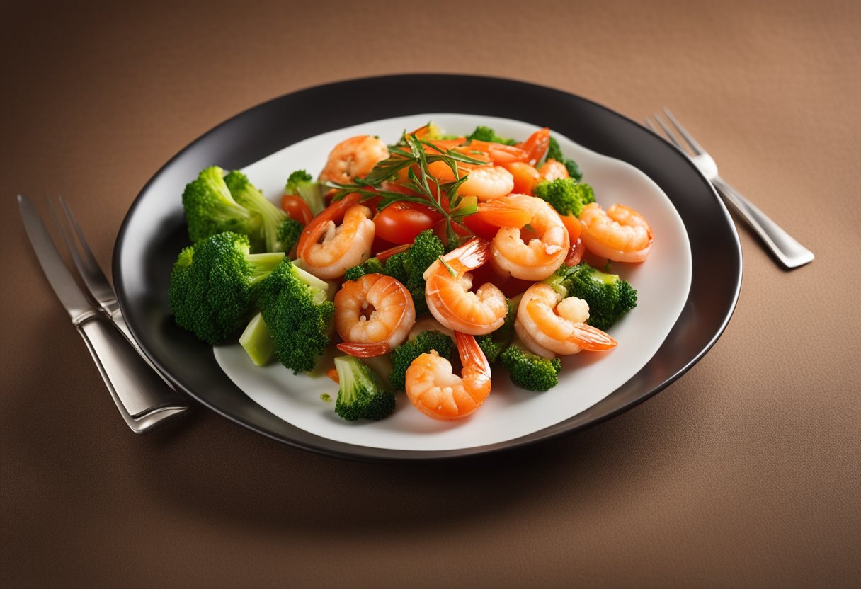 A plate of tomato prawns with Chinese seasonings, accompanied by a side of steamed vegetables, with a nutritional information label displayed nearby