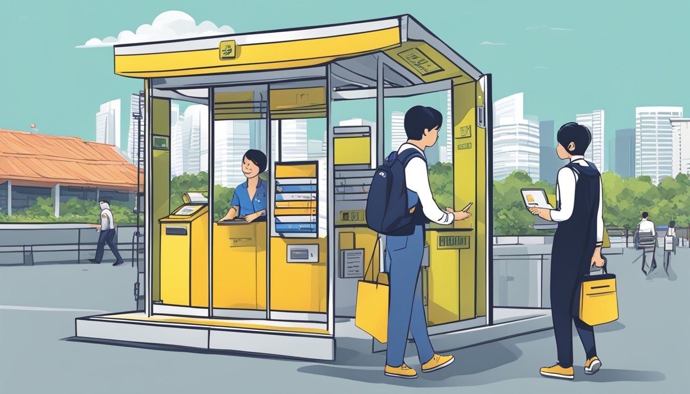 A customer handing over a mobile phone to a buyback kiosk in Singapore