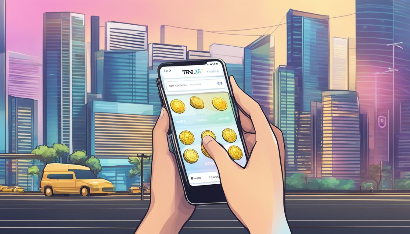 A person in Singapore using a mobile app to purchase TRX cryptocurrency from a digital exchange platform