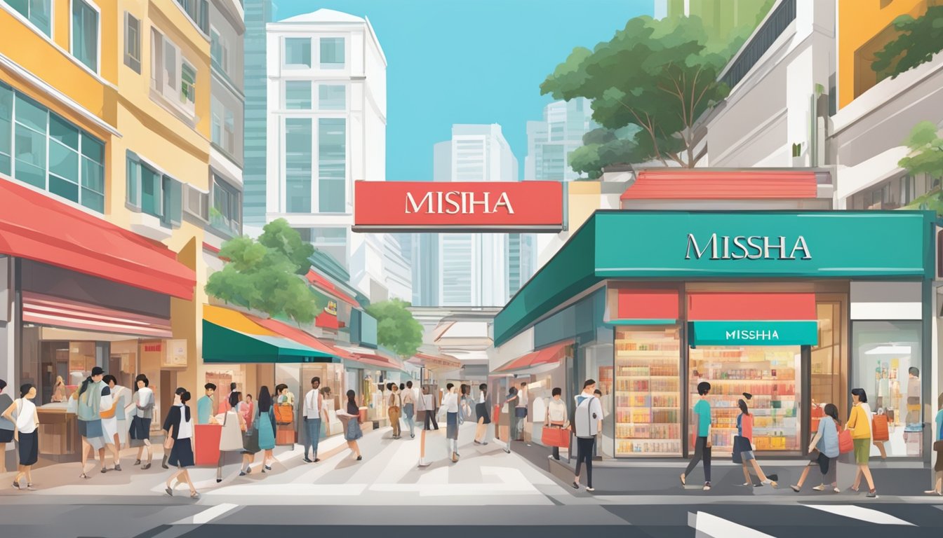 A bustling street in Singapore, with vibrant storefronts and a prominent sign for a Missha store, drawing in customers with its sleek and modern design