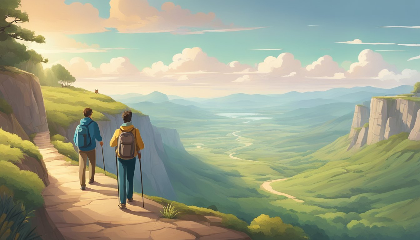 A lone traveler stands on a cliff overlooking a vast, serene landscape, while a family of travelers walks together along a winding path below