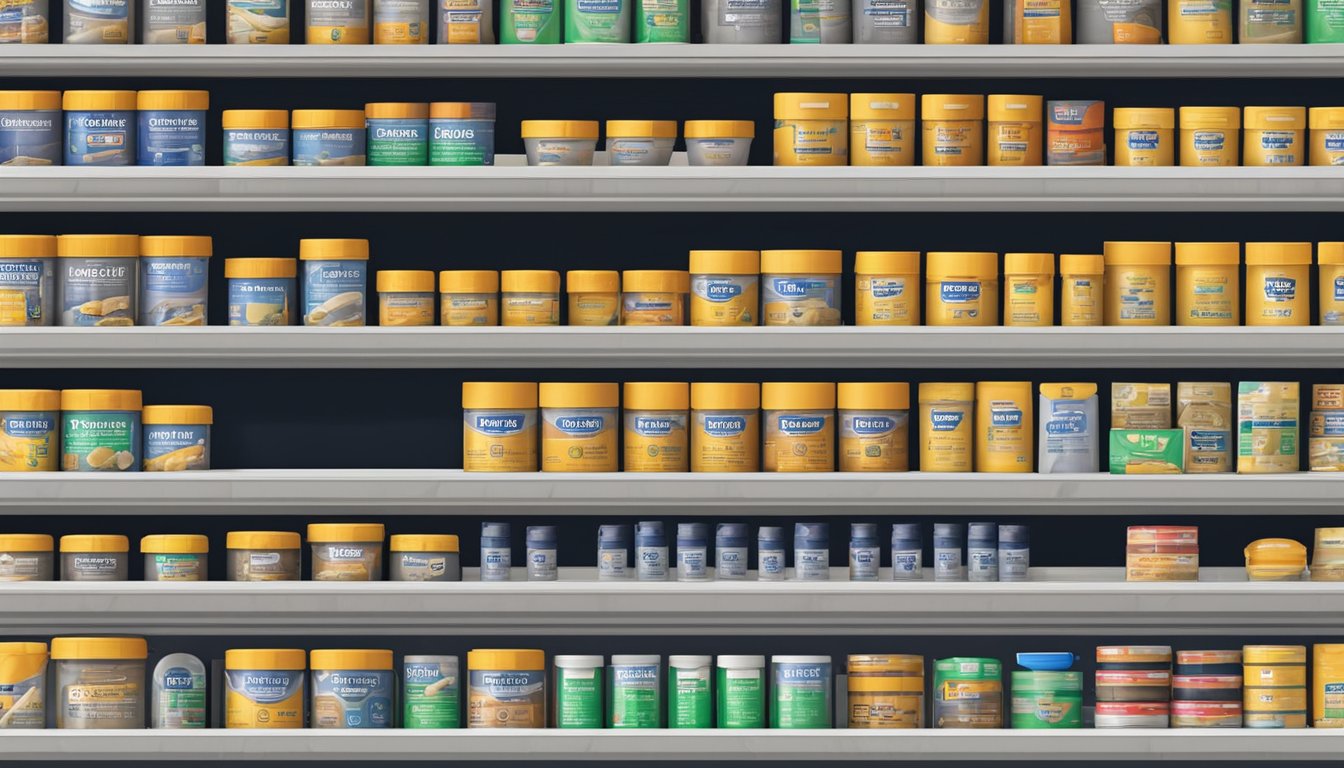 A hardware store shelf stocked with various brands of wall putty in Singapore