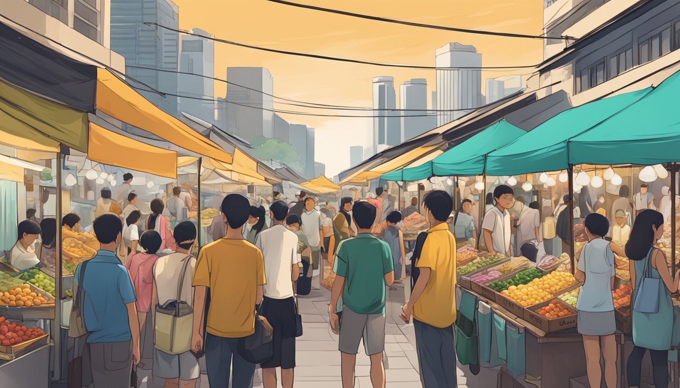 A bustling Singapore street market with a prominent TRX vendor stall and curious onlookers