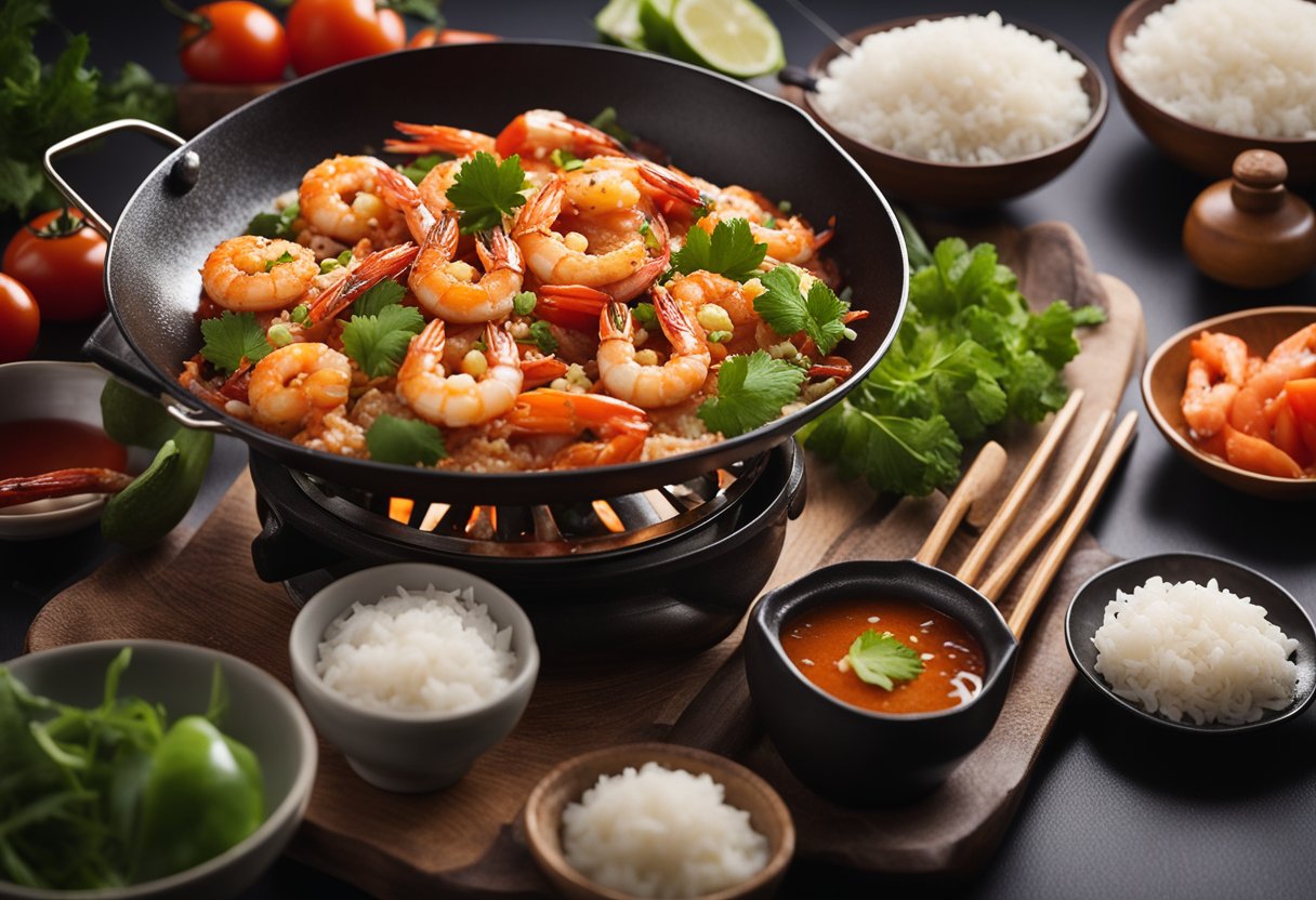A sizzling wok with juicy tomato prawns, surrounded by colorful Chinese ingredients and a steaming pot of rice