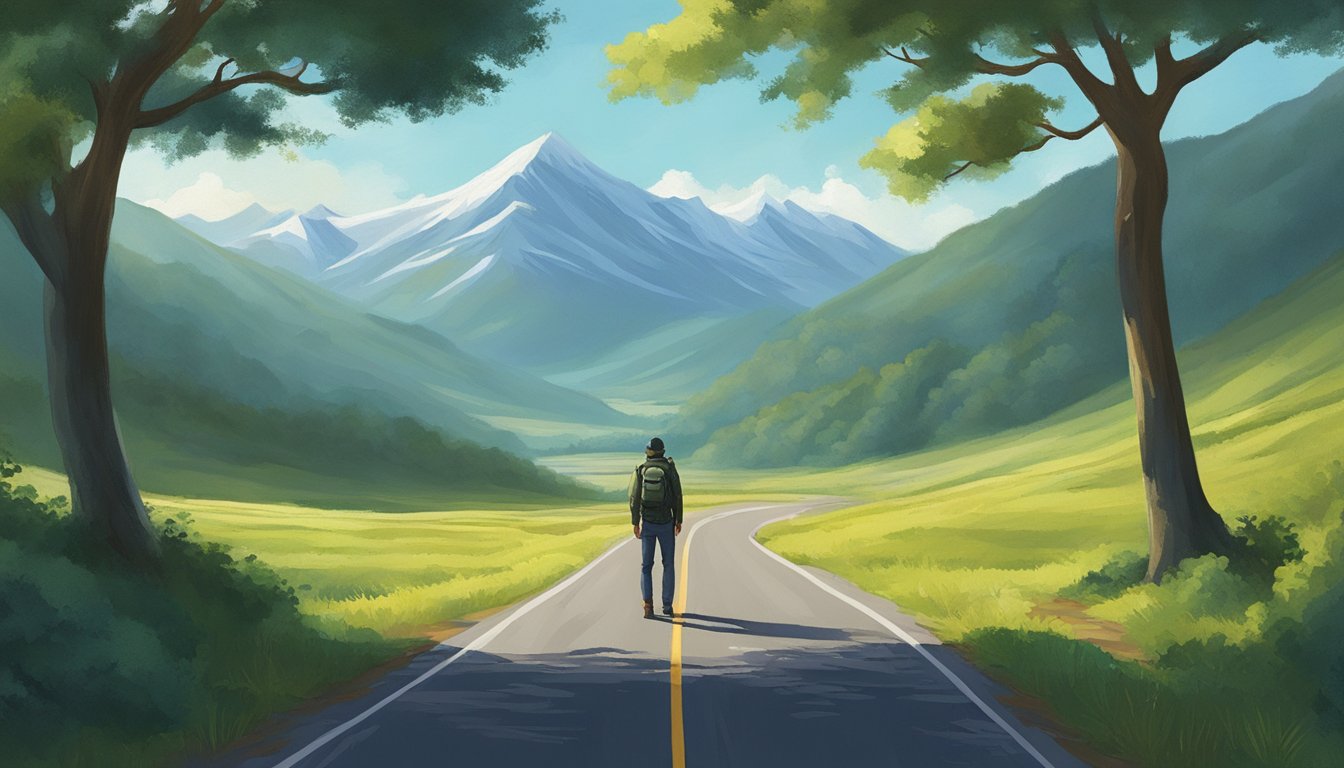 A lone figure stands at a crossroads, surrounded by towering mountains and lush greenery. The open road stretches out before them, inviting them to embark on a solo adventure