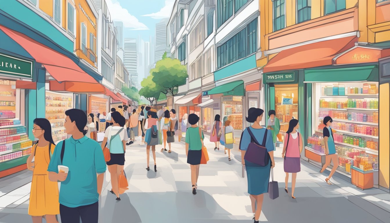 A bustling street in Singapore, lined with vibrant storefronts displaying Missha products. Shoppers browse through the latest skincare and makeup items, while sales staff assist customers with their purchases