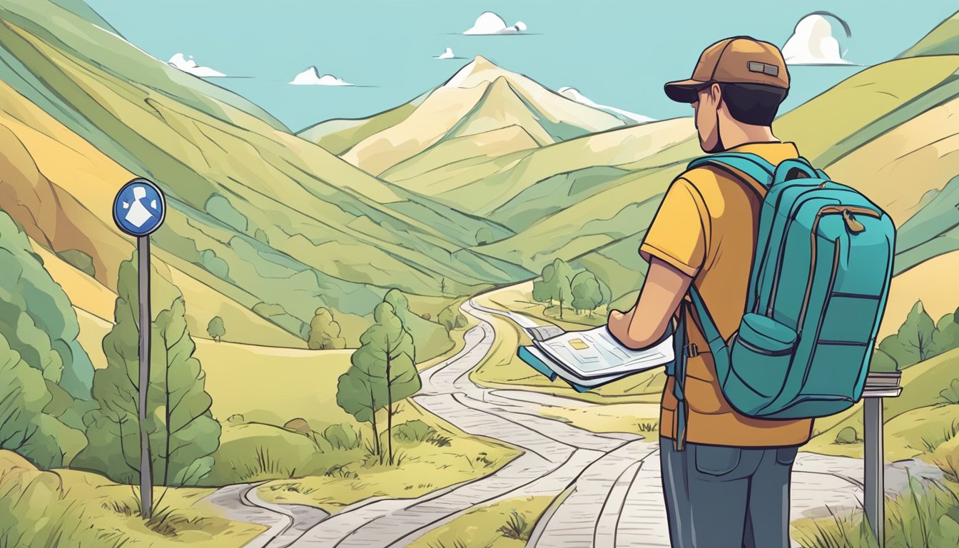A traveler with a backpack stands at a crossroads, contemplating the path ahead. Maps, a passport, and a guidebook are scattered around
