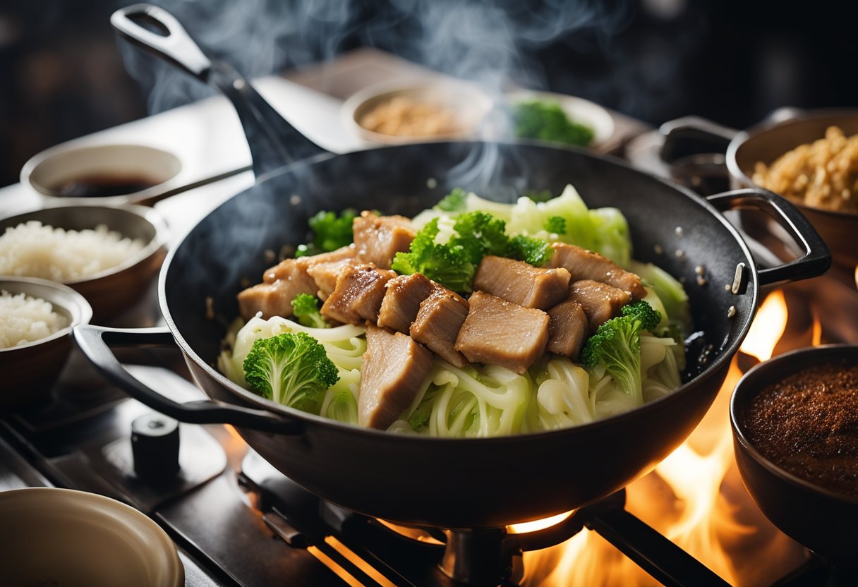 Sizzling pork and cabbage in a wok, steam rising, with ginger and garlic nearby. Soy sauce and spices on the counter