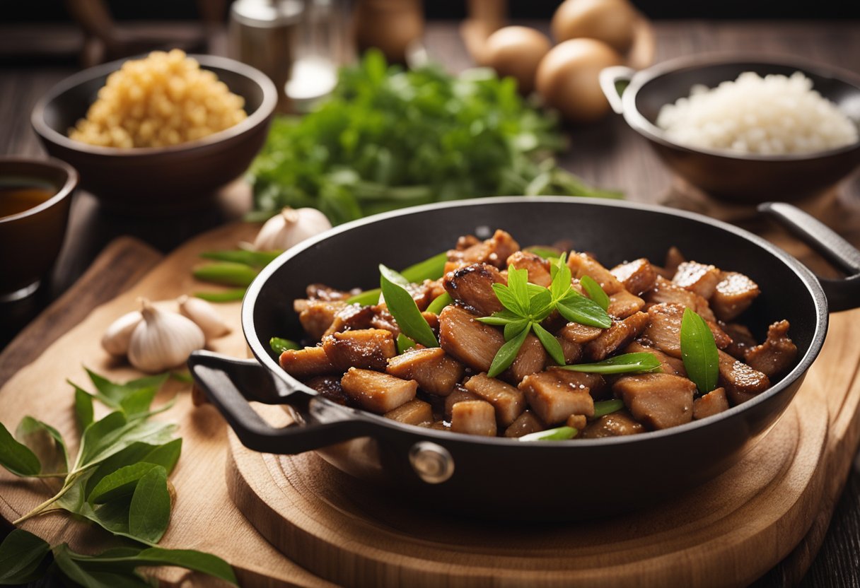A wok sizzles with marinated pork, garlic, soy sauce, and vinegar. Ginger and bay leaves add aroma. Ingredients are laid out on a wooden chopping board