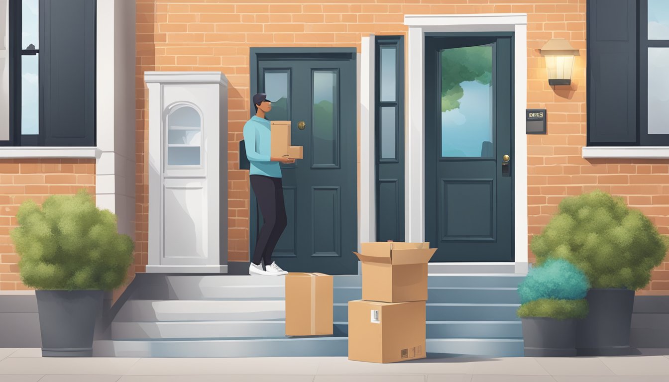 A package being delivered to a doorstep with various shipping options displayed nearby