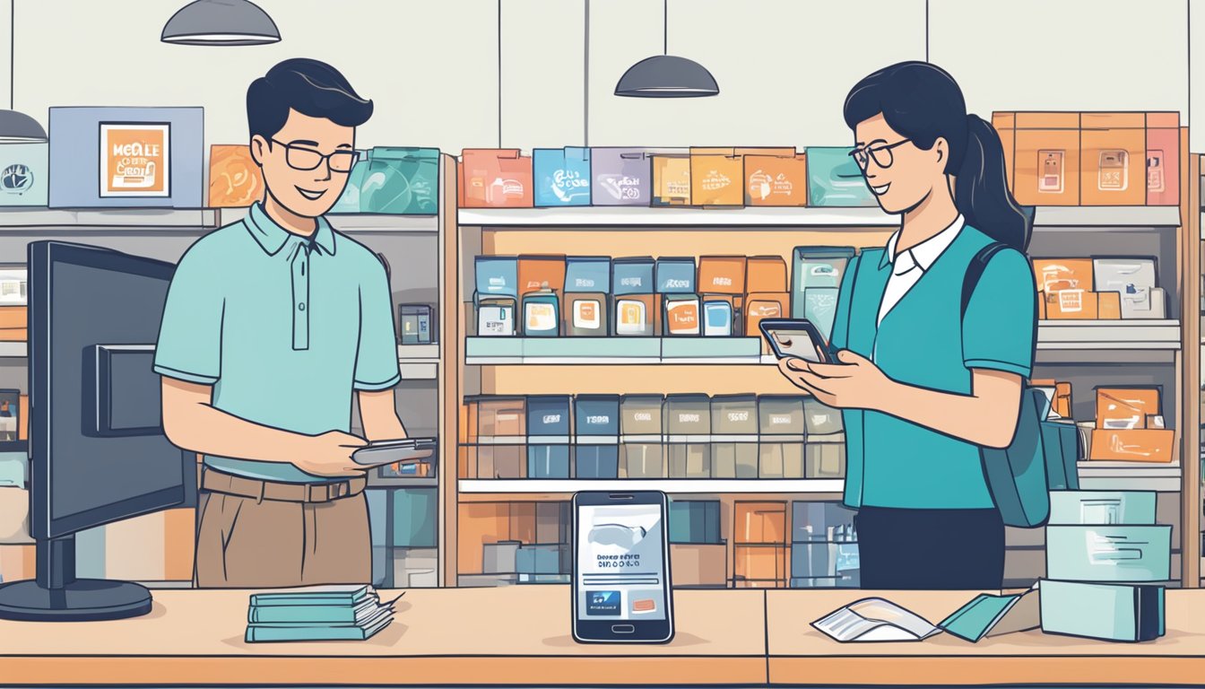A smartphone being handed over to a store employee, with a sign indicating "Mobile Buy Back" in Singapore