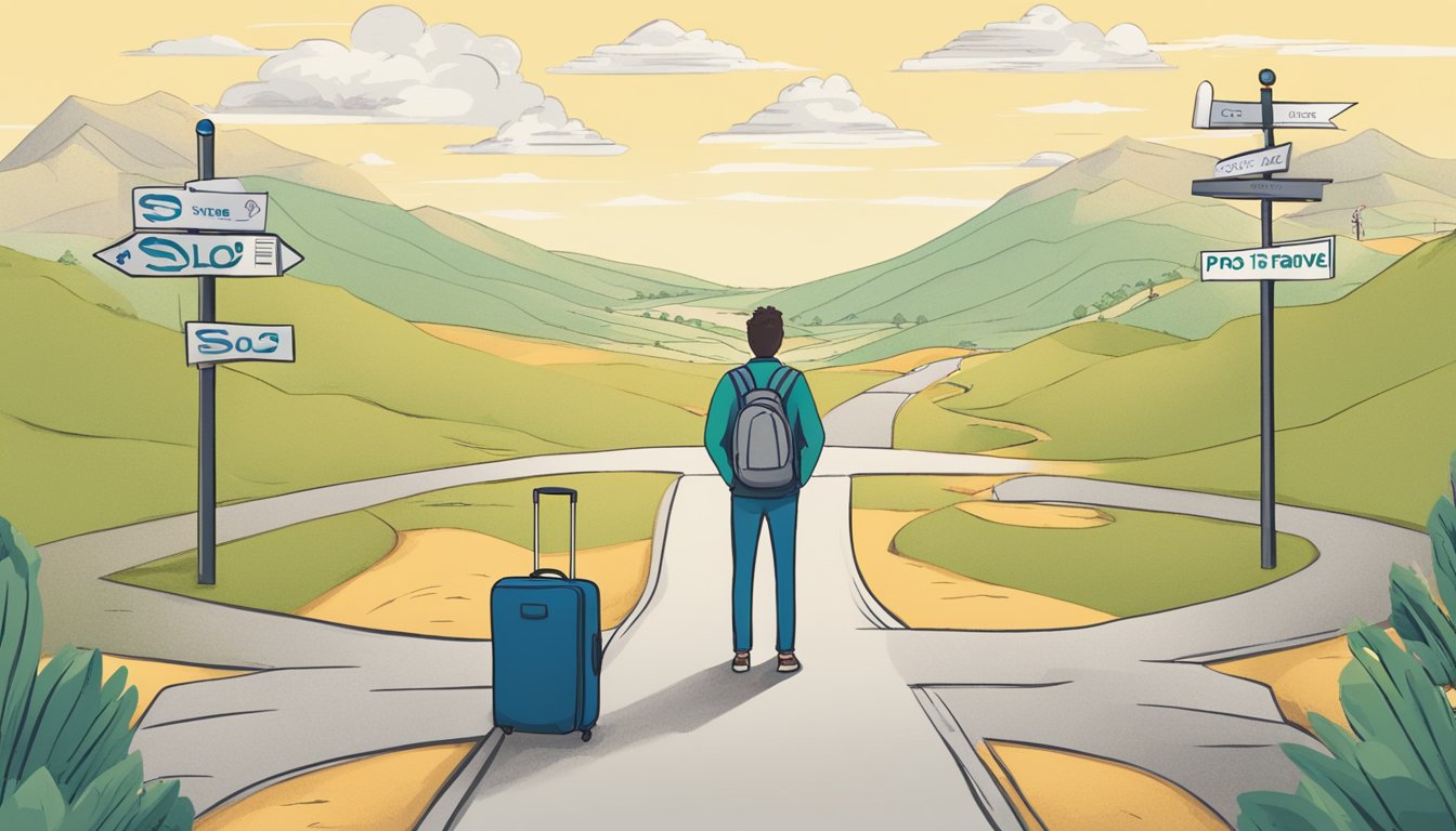 A person stands at a crossroads, one path leading to solo travel and the other to family travel. They are surrounded by suitcases, maps, and a signpost with "Pros" and "Cons" pointing in opposite directions