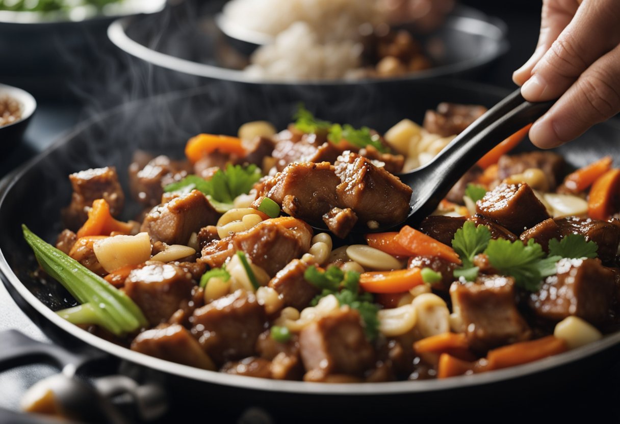A wok sizzles with marinated pork chunks, simmering in soy sauce, vinegar, and spices. A hand reaches for a ladle, dishing out the savory meat onto a bed of steamed rice