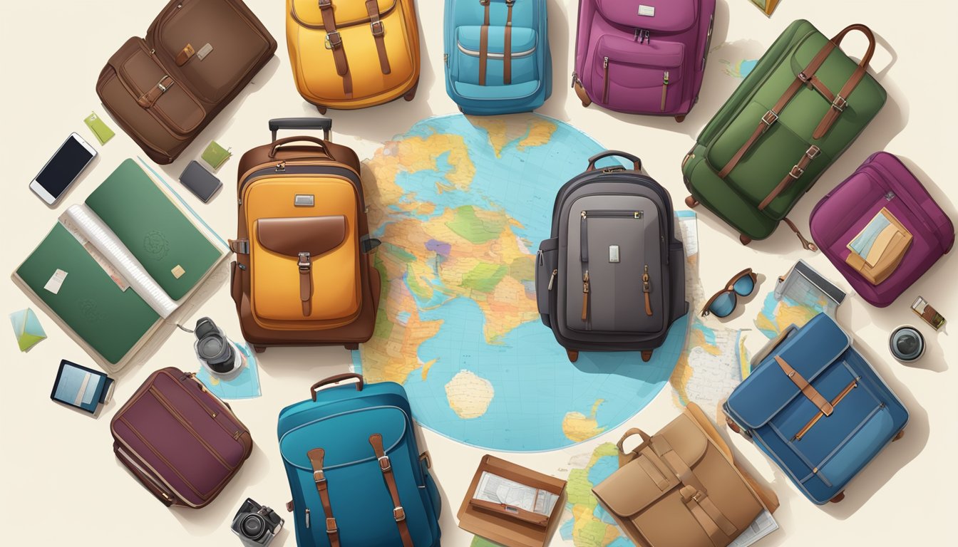A group of suitcases and backpacks arranged in a circle, with a map, camera, and travel guidebook in the center