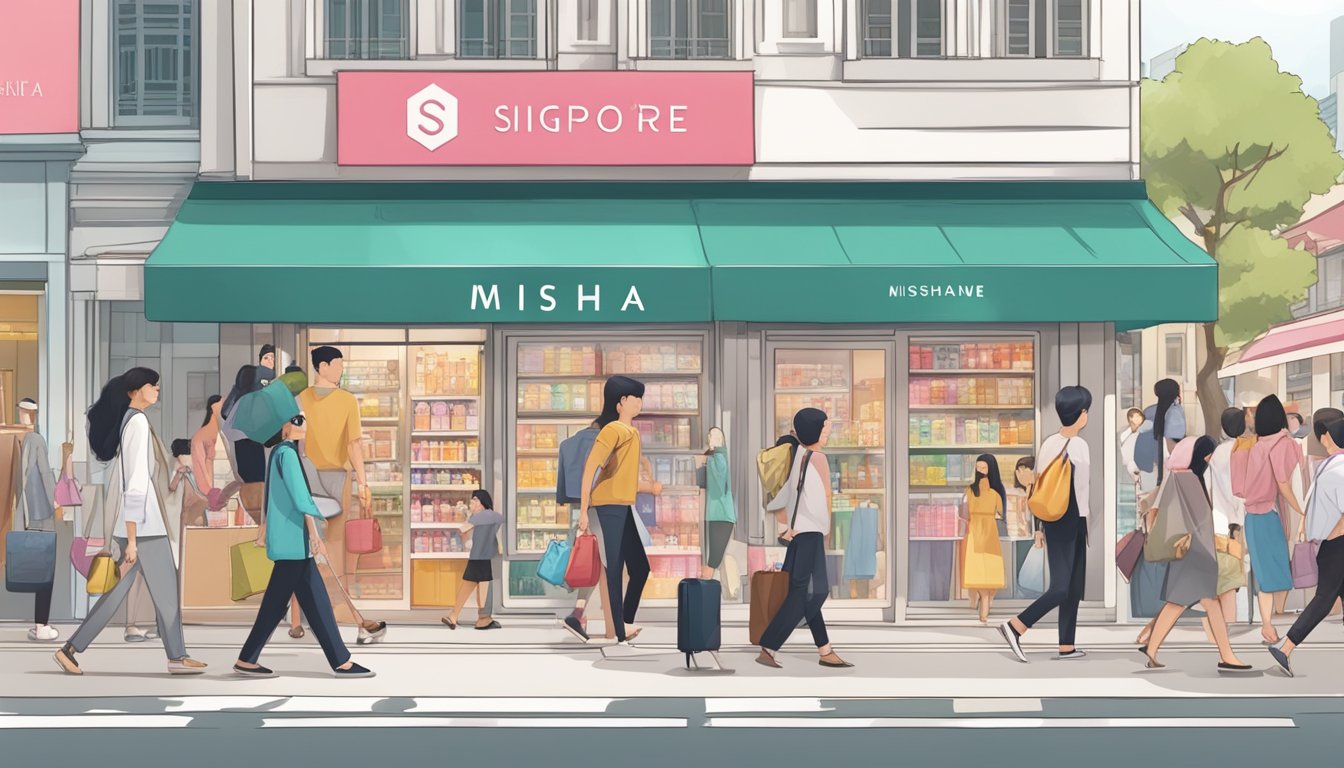 A bustling Singapore street with a prominent Missha store sign and a crowd of shoppers seeking the popular skincare brand