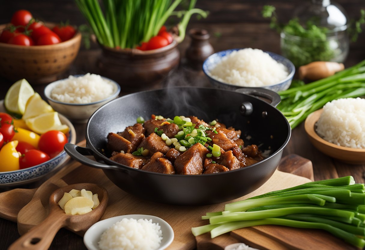 A sizzling skillet of Chinese pork adobo surrounded by vibrant ingredients like garlic, ginger, and green onions. A steaming pot of rice sits nearby, ready to be paired with the flavorful dish