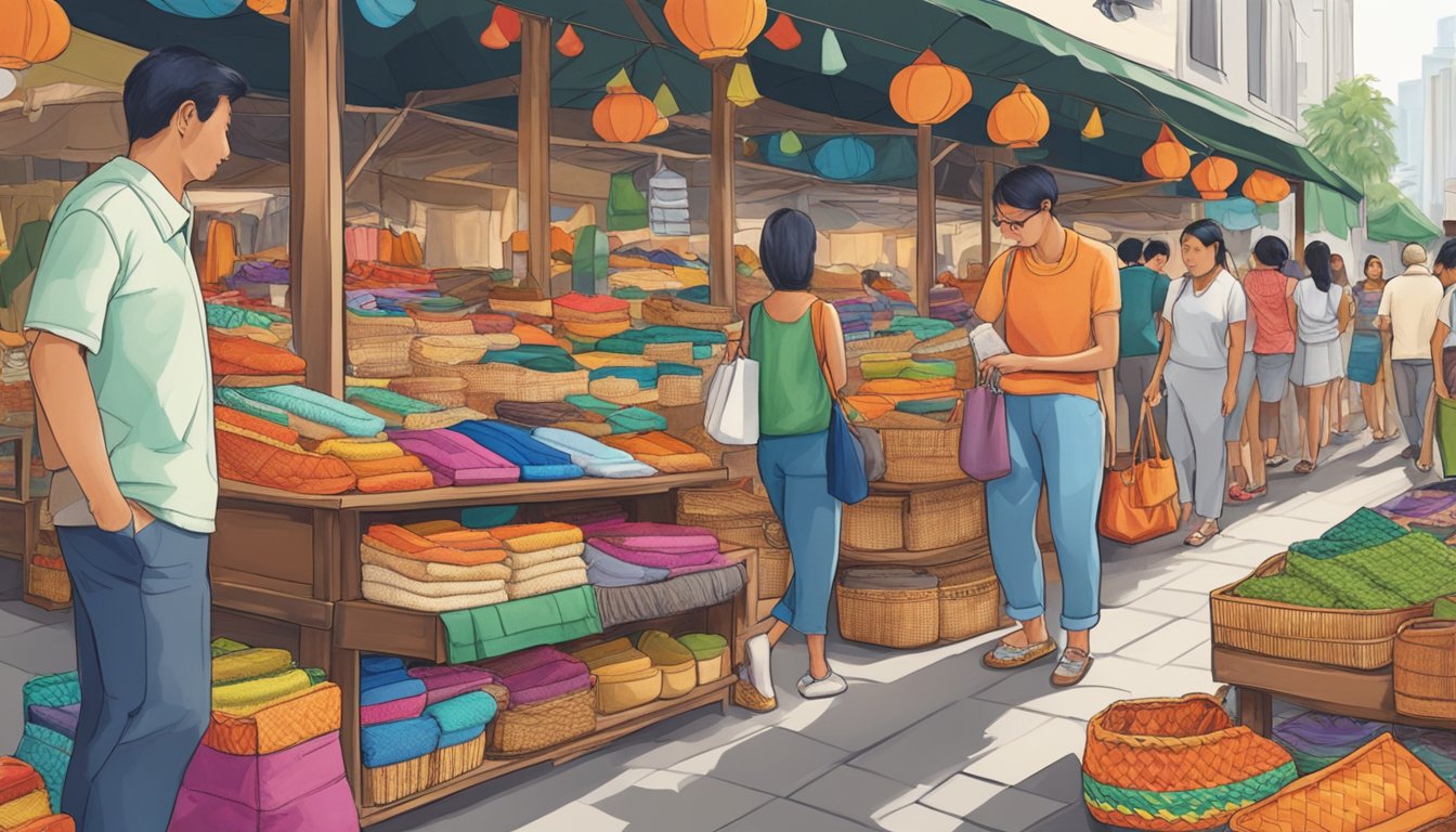 A bustling Singapore street market showcases colorful espadrilles on display, enticing shoppers with their vibrant patterns and traditional woven soles