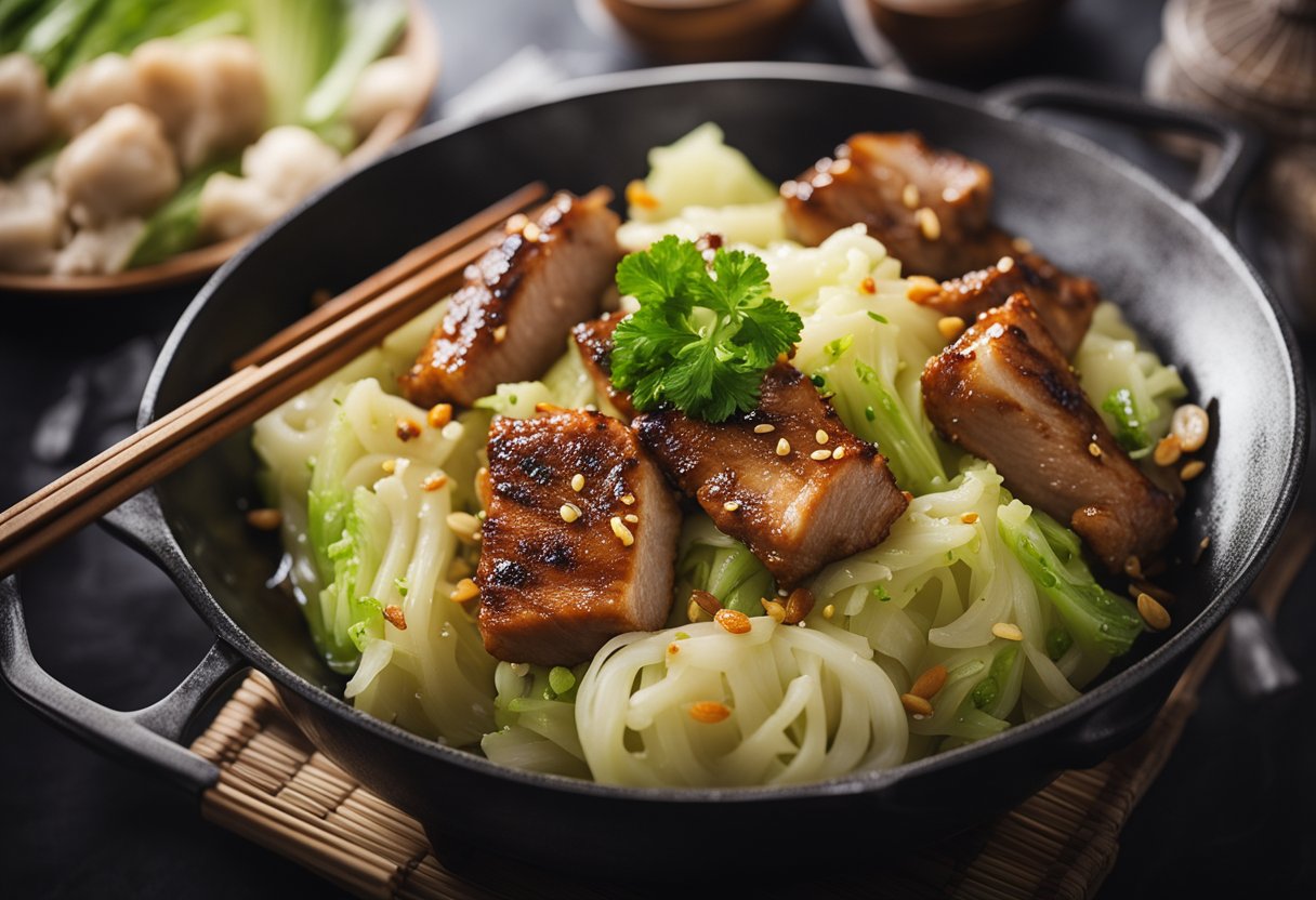 Sizzling pork and cabbage in a hot wok, steam rising, with soy sauce and ginger nearby