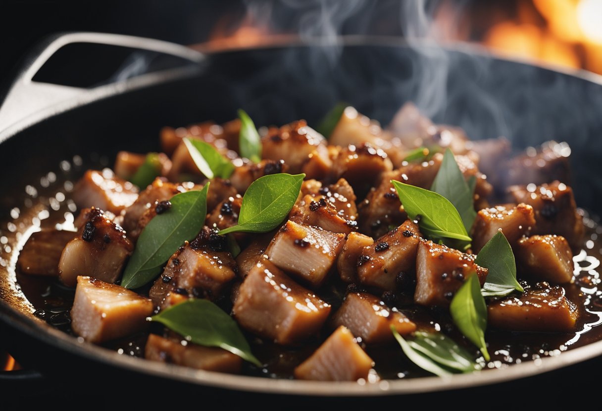 A sizzling wok filled with tender chunks of pork simmering in a savory soy sauce and vinegar marinade, surrounded by aromatic garlic, bay leaves, and peppercorns
