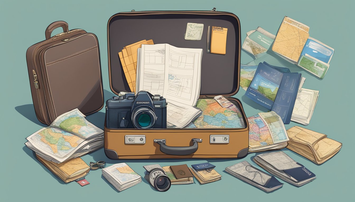 A traveler's suitcase overflowing with souvenirs, maps, and camera gear. A passport and boarding pass peek out from the top, ready for the next adventure