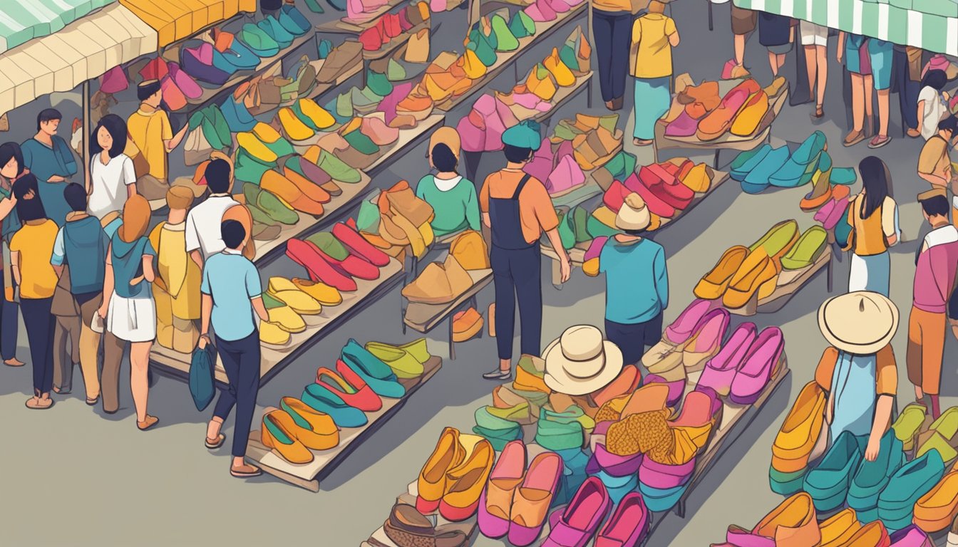 A bustling marketplace with colorful rows of espadrilles on display, with eager customers asking vendors about where to buy them in Singapore