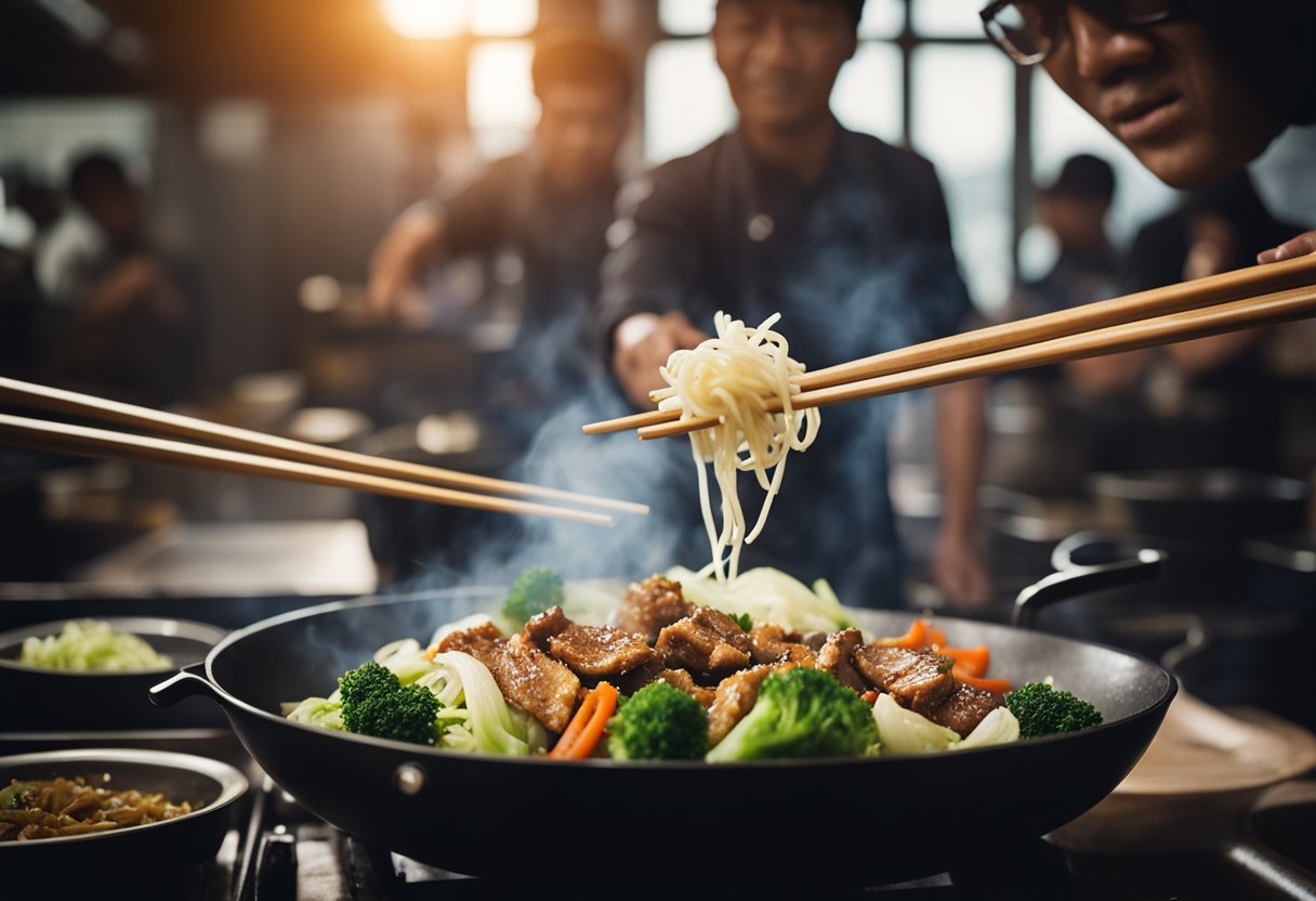 A wok sizzles with stir-fried pork and cabbage. Steam rises as the chef tosses the ingredients with chopsticks