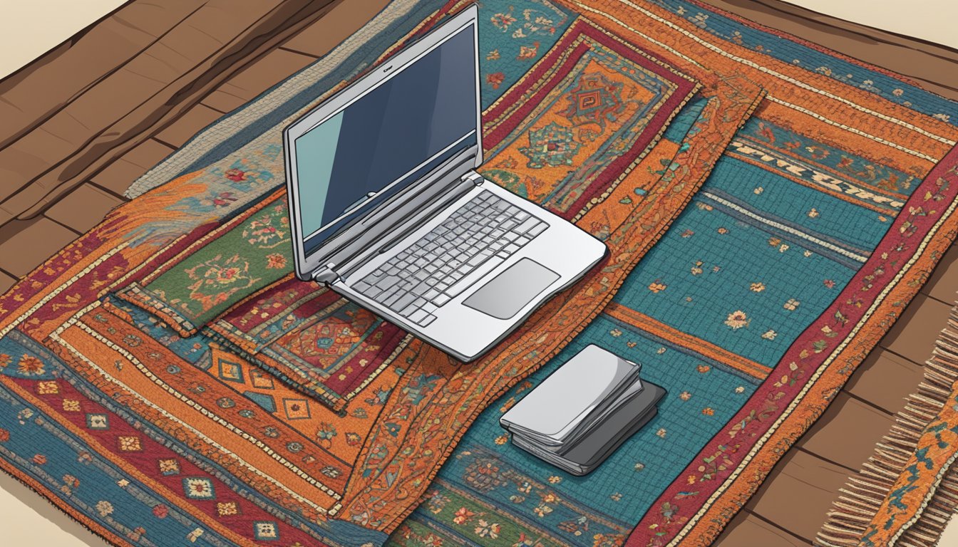 A laptop displaying various rug options on a website, with a cursor clicking on different rugs. A price comparison chart and customer reviews are visible on the screen