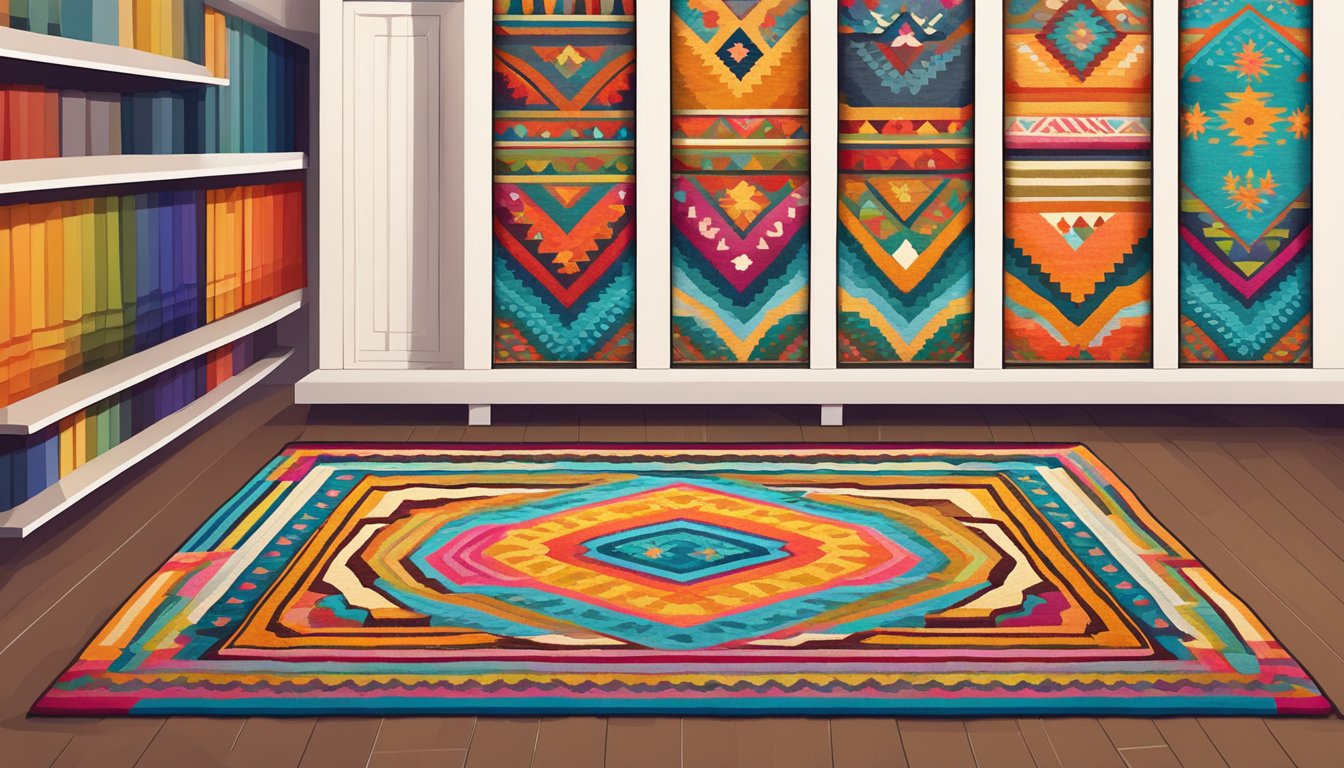 A colorful rug displayed in an online store with a "buy now" button and positive customer reviews