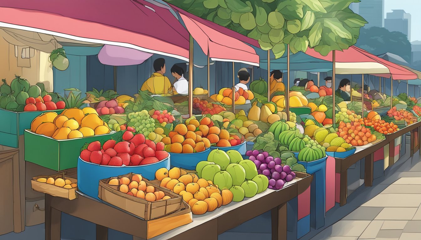 A bustling market stall displays a variety of artificial fruits in Singapore, with vibrant colors and realistic textures