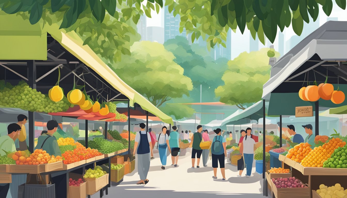 A bustling market stall displays various fruit trees for sale in Singapore. The vibrant green leaves and colorful fruits catch the eye of passersby