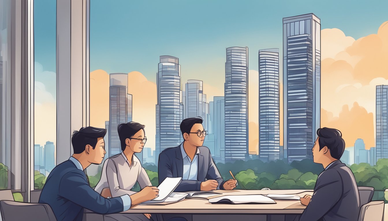Potential condo buyers reviewing eligibility criteria in Singapore. Requirements listed with a city skyline in the background