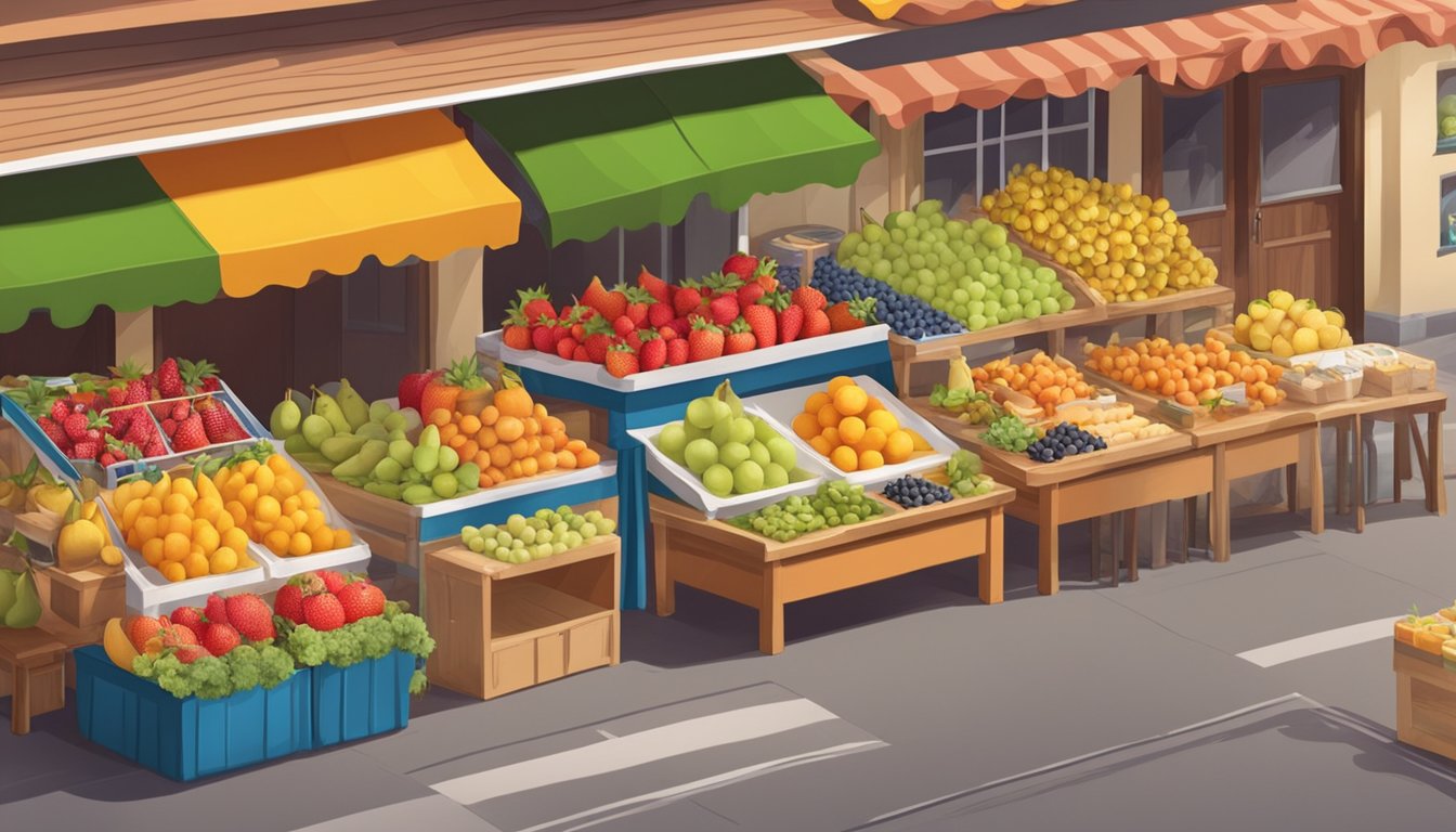 A table with various artificial fruits displayed, surrounded by different delivery and support options signs, in a market setting