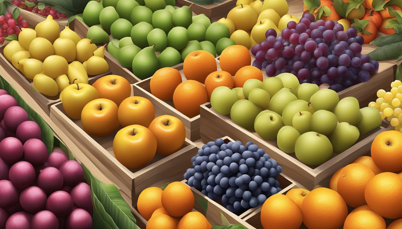 A display of artificial fruits in a Singaporean market, with colorful and realistic-looking apples, oranges, bananas, and grapes arranged neatly on a table or shelf