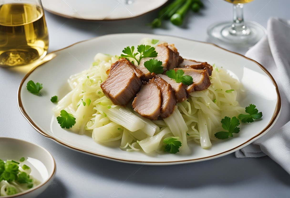A plate of Chinese pork and cabbage, garnished with green onions, sits next to a glass of white wine