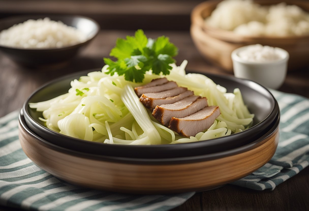 A plate of Chinese pork and cabbage with nutritional information displayed next to it